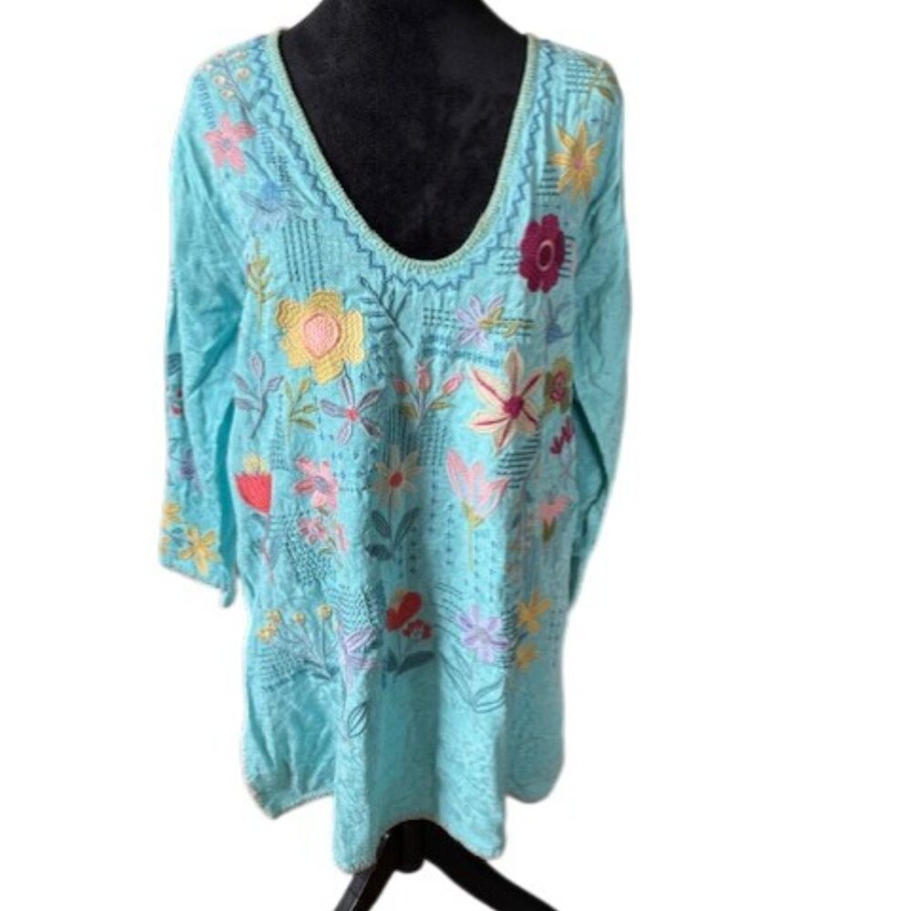 Johnny Was Biya INJI Marine Blue 3/4 Sleeve Embroidered Tunic Top NWT S